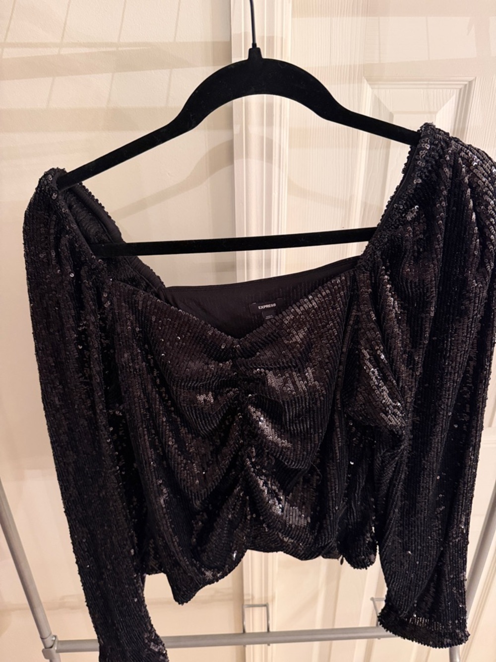 Express Black Sequin Ruched Off-Shoulder Crop Top